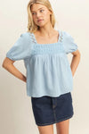 BLUE Peasant Top - Cotton Crochet Puff Sleeve - Bohemian Romantic Style 4-23-usa HYFVE Ship from USA