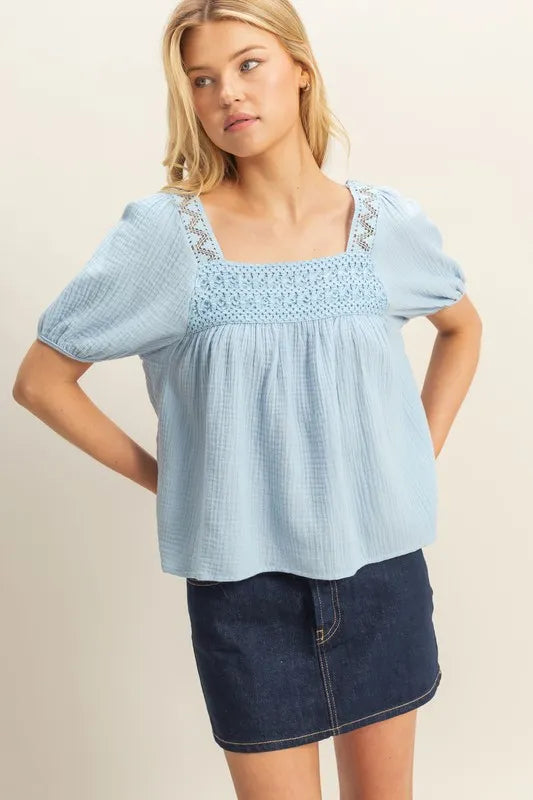 BLUE Peasant Top - Cotton Crochet Puff Sleeve - Bohemian Romantic Style 4-23-usa HYFVE Ship from USA