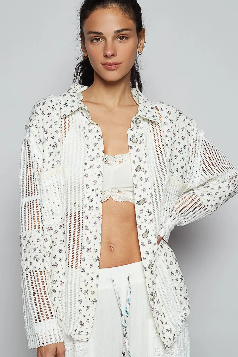 White White Openwork Blouse - Boho Crochet Layering 7-11 POL Ship from USA