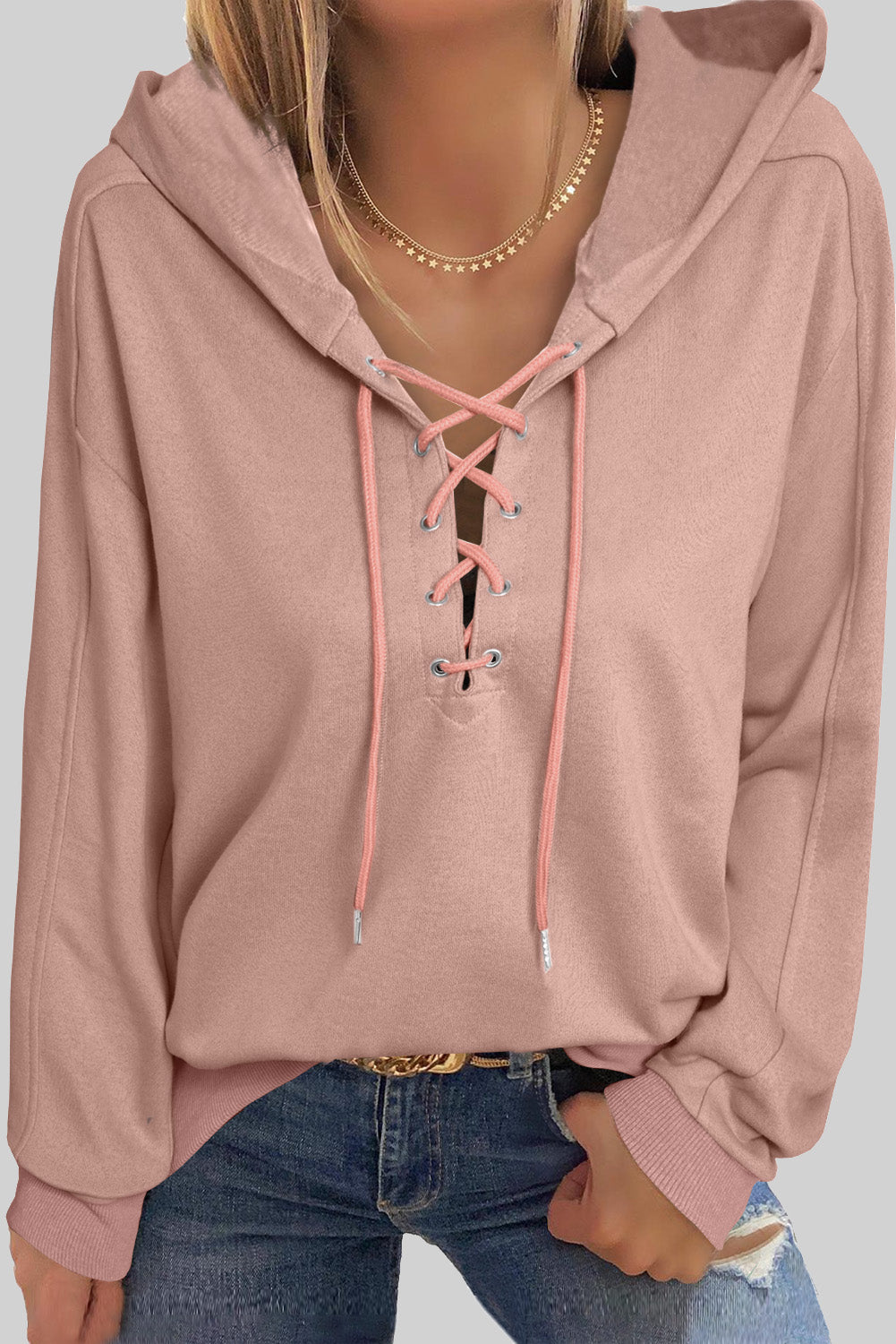 Dusty Pink Women's Lace-Up Top with Slight Stretch in Polyester-Cotton Blend Apparel & Accessories > Clothing > Tops > Hoodies Lace Lace Up Long Long Sleeve Ship From Overseas Sleeve sync-pinterest SYNZ Up V
