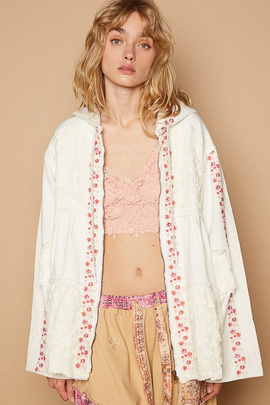 Ivory Zip up Hooded Jacket - Lace Patch