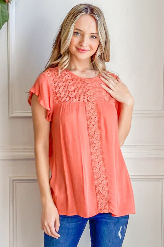 CORAL CORAL Lace Detail Ruffle Short Sleeve Blouse Clothing & Accessories > Clothing > Tops > Blouses autopostr_pinterest_71118 autopostr_pinterest_71178 autopostr_pinterest_71277 blouse detail lace ruffle short sleeve