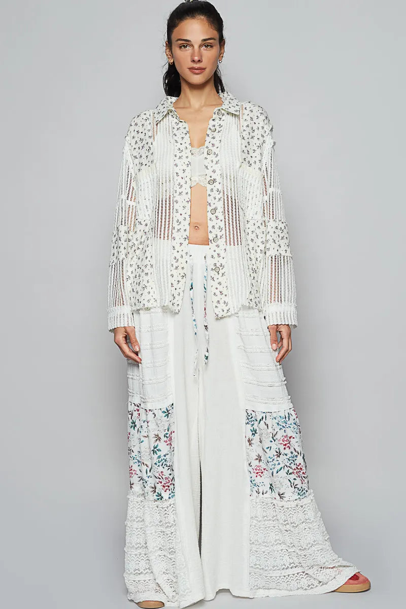 White Openwork Blouse - Boho Crochet Layering 7-11 POL Ship from USA