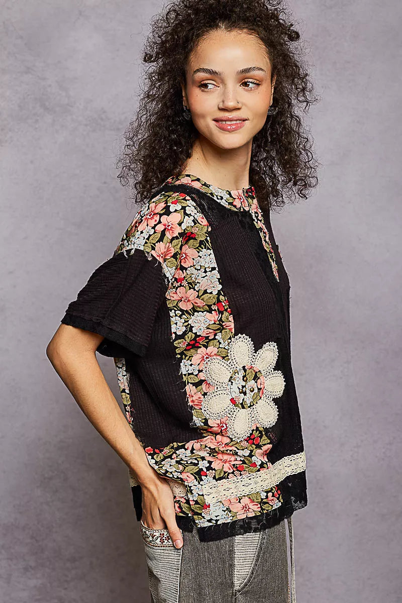 Women’s Lace Floral Patch Round Neck Short Sleeve Casual Top 10-31 POL Ship from USA