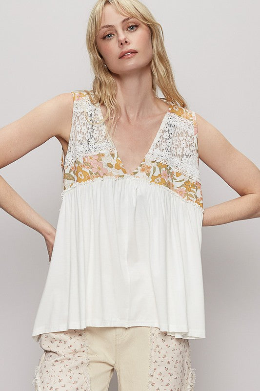 L Lace Detail Top - Frill Floral V-Neck - Sleeveless POL Ship from USA