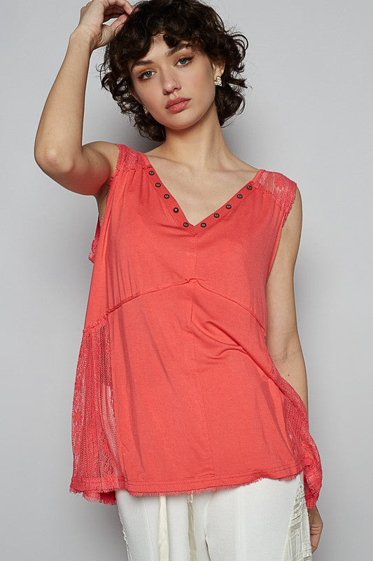 Strawberry Lace Detail Top - Studded - Crisscross Back - V-Neck Sleeveless Top POL Ship from USA