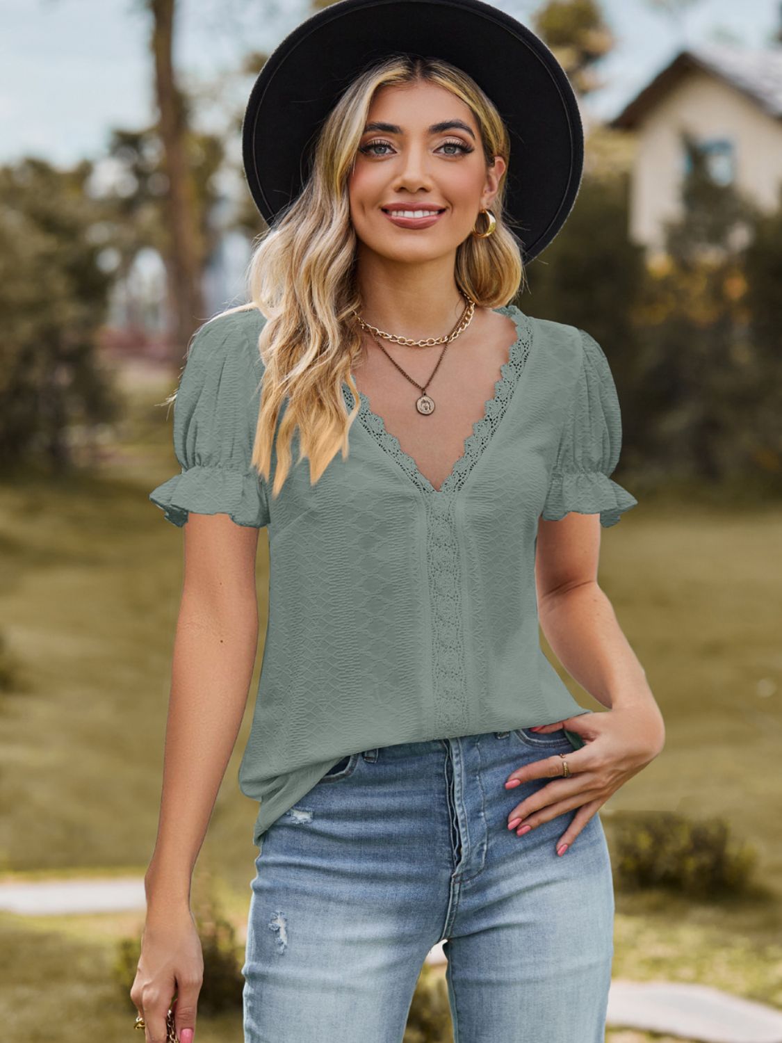 Women's Lace Detail Top with Slight Stretch Apparel & Accessories > Clothing > Tops Blouse Detail Detail V Flounce Flounce Sleeve Flounce Sleeve Blouse K.C Lace Lace Detail Neck Neck Flounce Neck Flounce Sleeve Ship From Overseas Sleeve Sleeve Blouse sync-pinterest T V