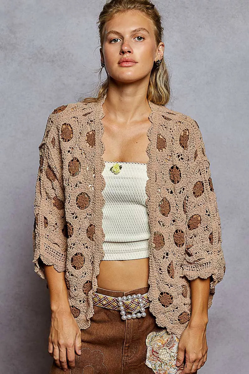 Women’s Chenille Openwork V-Neck Cardigan Sweater with Contrast Floral Design 9-7 POL Ship from USA