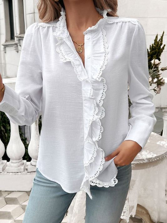 White Lace Blouse - Ruffled Sheer Opaque Design - Polyester Cotton Apparel & Accessories > Clothing > Tops DY Ship From Overseas sync-pinterest