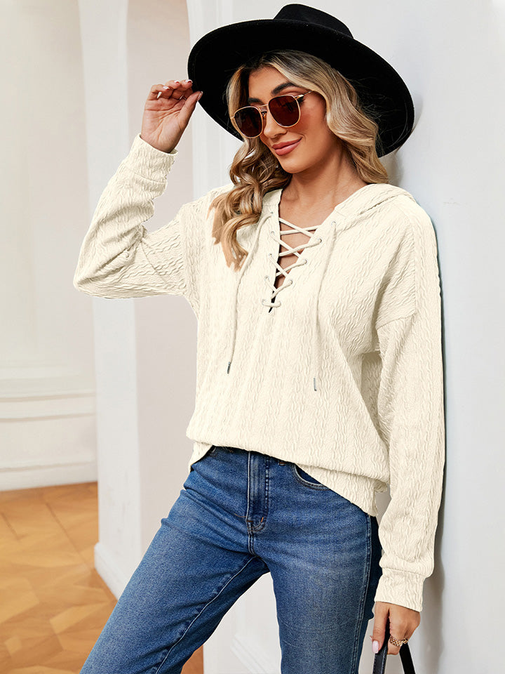 Ivory Hoodie - Lace-Up Stretch Rayon Opaque Long Sleeve Top Apparel & Accessories > Clothing > Tops > Hoodies M.N.Y Ship From Overseas sync-pinterest
