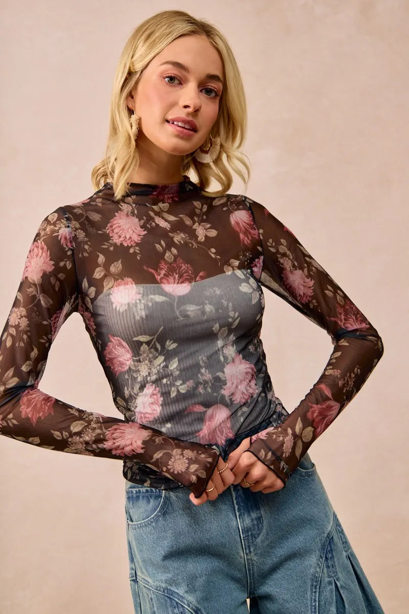 Floral Mesh Sheer Blouse with Ruched Sleeves BiBi Ship from USA