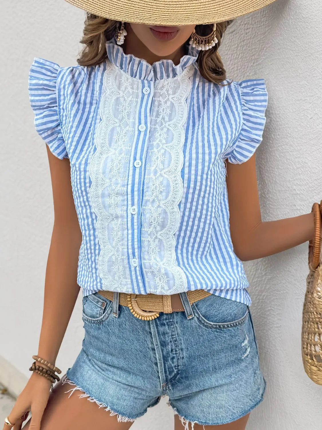 Lace Blouse - Ruffled Button-Up - Soft Fabric Blend Apparel & Accessories > Clothing > Tops 4-4-2025 Perfee Ship From Overseas sync-pinterest