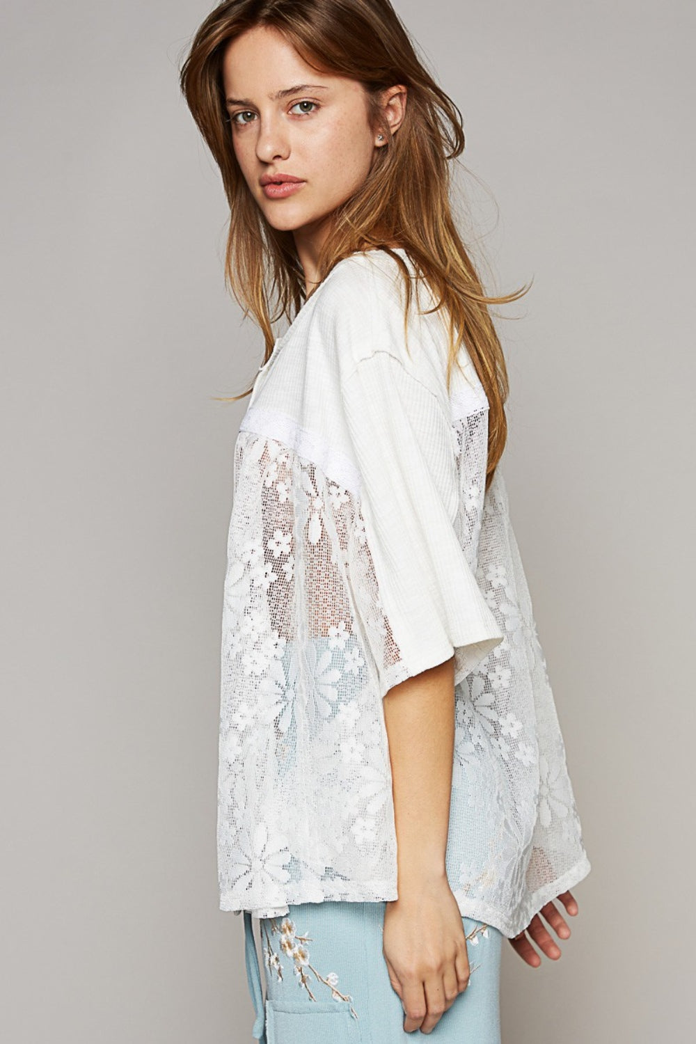 Off White Lace Top - Short Sleeve - Round Neck - Sheer Clothing & Accessories > Clothing > Tops autopostr_pinterest_71118 autopostr_pinterest_71178 autopostr_pinterest_71277 lace neck pol round short sleeve top