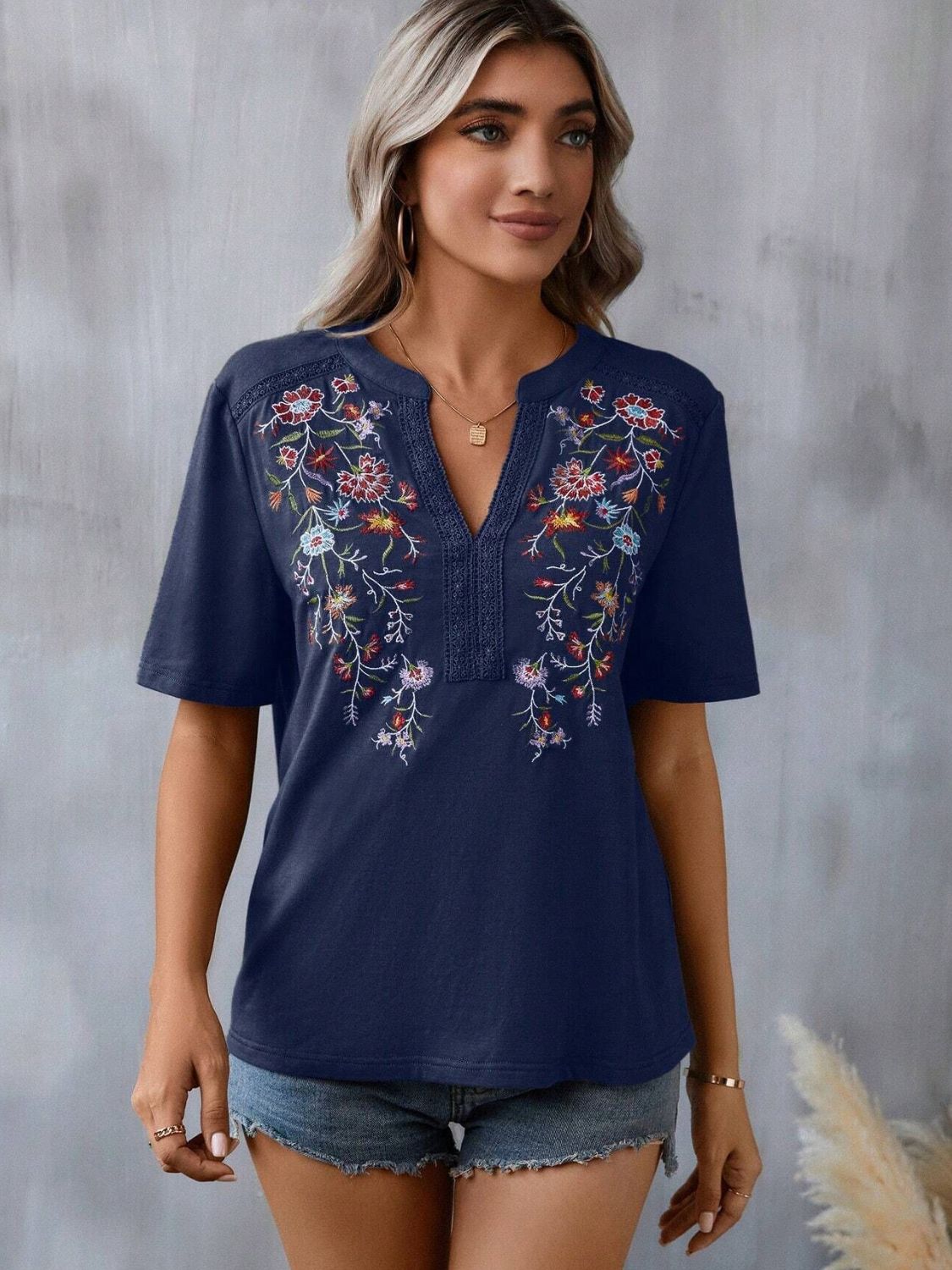 Embroidered Short Sleeve T-Shirt- Notched Design- Casual Summer Tee A@X@E Embroidered Notched Ship From Overseas Shirt Short Short Sleeve Sleeve Sleeve T T V