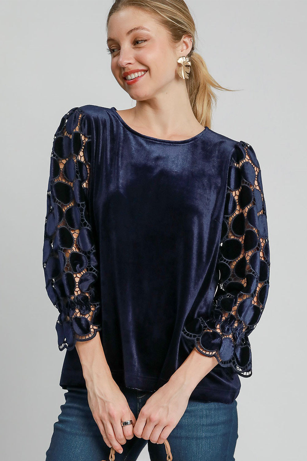 L Navy Long sleeve Blouse - Polka Dot new Ship from USA Umgee USA