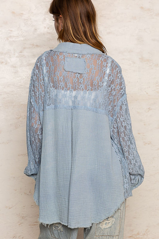 Cornflower Lace Shirt - Long Sleeve - Button Down - Front Pocket Clothing & Accessories > Clothing > Tops > Shirts button front lace oversize pinterestnew pocket pol shirt