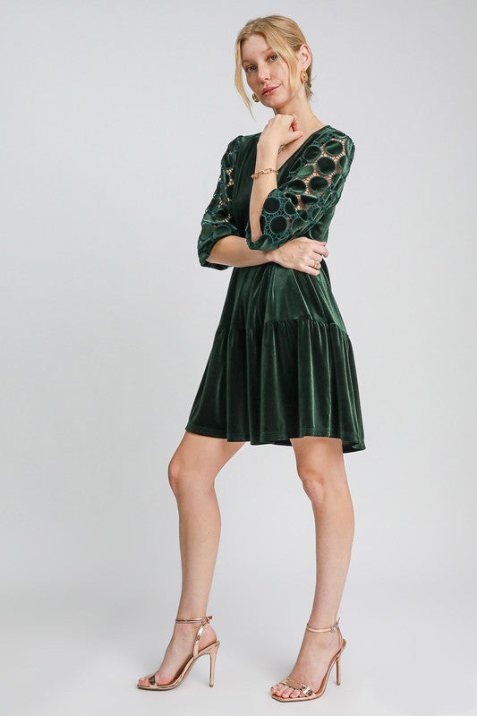 Dark Green Velvet Dress - tiered - Lace Sleeve new Ship from USA Umgee USA