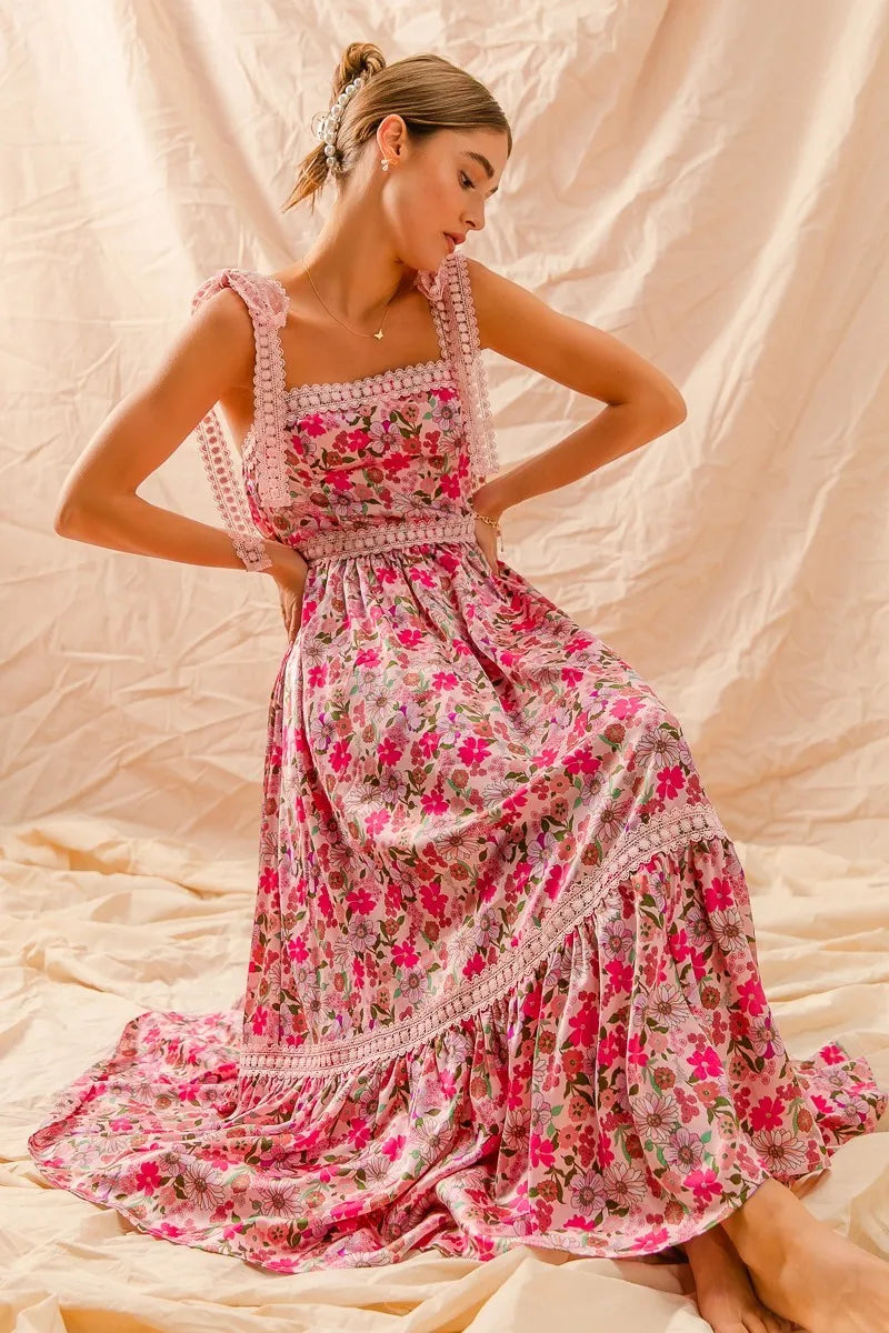 Smocked Floral Maxi – Bohemian Ruffle Dreams 7-11 Ship from USA SO ME