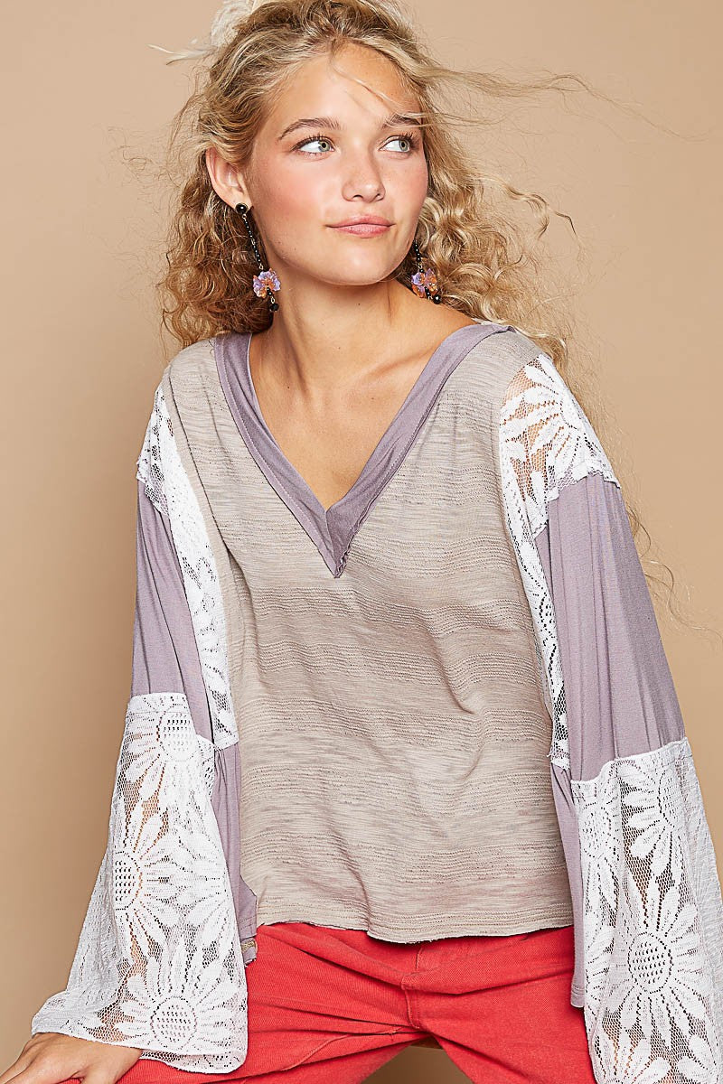 Gray Feminine Lace Detail V-Neck Flare Sleeve Blouse Apparel & Accessories > Clothing > Tops autopostr_pinterest_72819 Only Available for U.S. Residents POL Ship from USA sync-pinterest