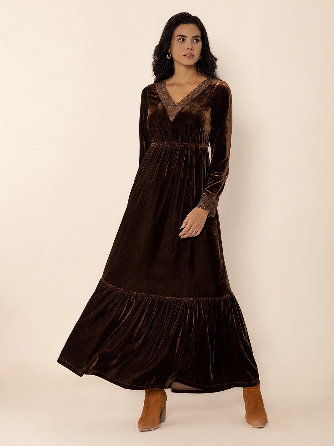 Dark Brown Women's Lace Detail Maxi Dress with Slight Stretch Apparel & Accessories > Clothing > Dresses Rustty Dustty Ship From Overseas sync-pinterest