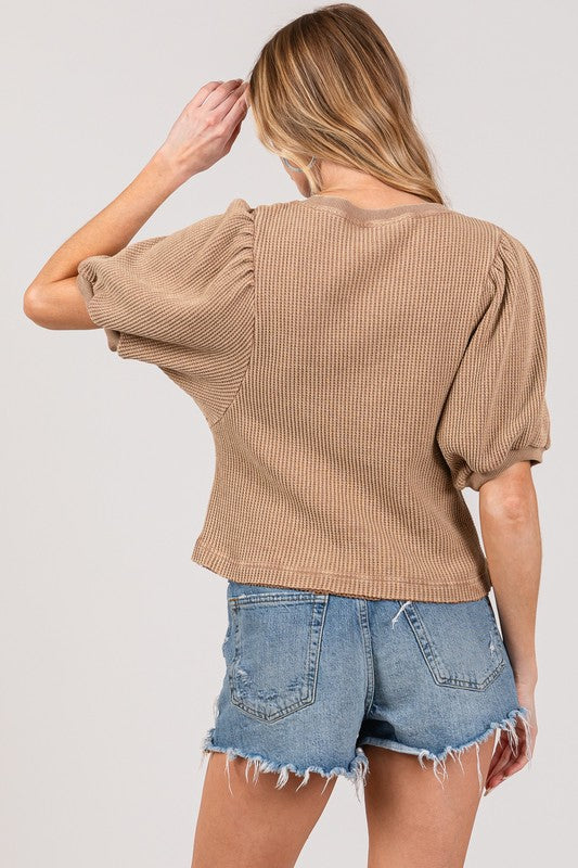 Light Brown Lace-Up Waffle Knit Crop Top - Long Sleeve Casual Pullover Blouse, Y2K Aesthetic SAGE+FIG Ship from USA