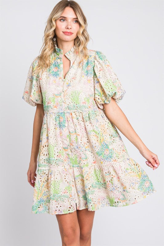 Green multicolor Floral Eyelet Lace Puff Sleeve Tiered Mini Dress Apparel & Accessories > Clothing > Dresses Dress Eyelet Eyelet Lace Floral GeeGee Lace Mini Mini Dress Only Available for U.S. Residents Puff Puff Sleeve Ship from USA Sleeve Sleeve Mini Sleeve Mini Dress sync-pinterest T V