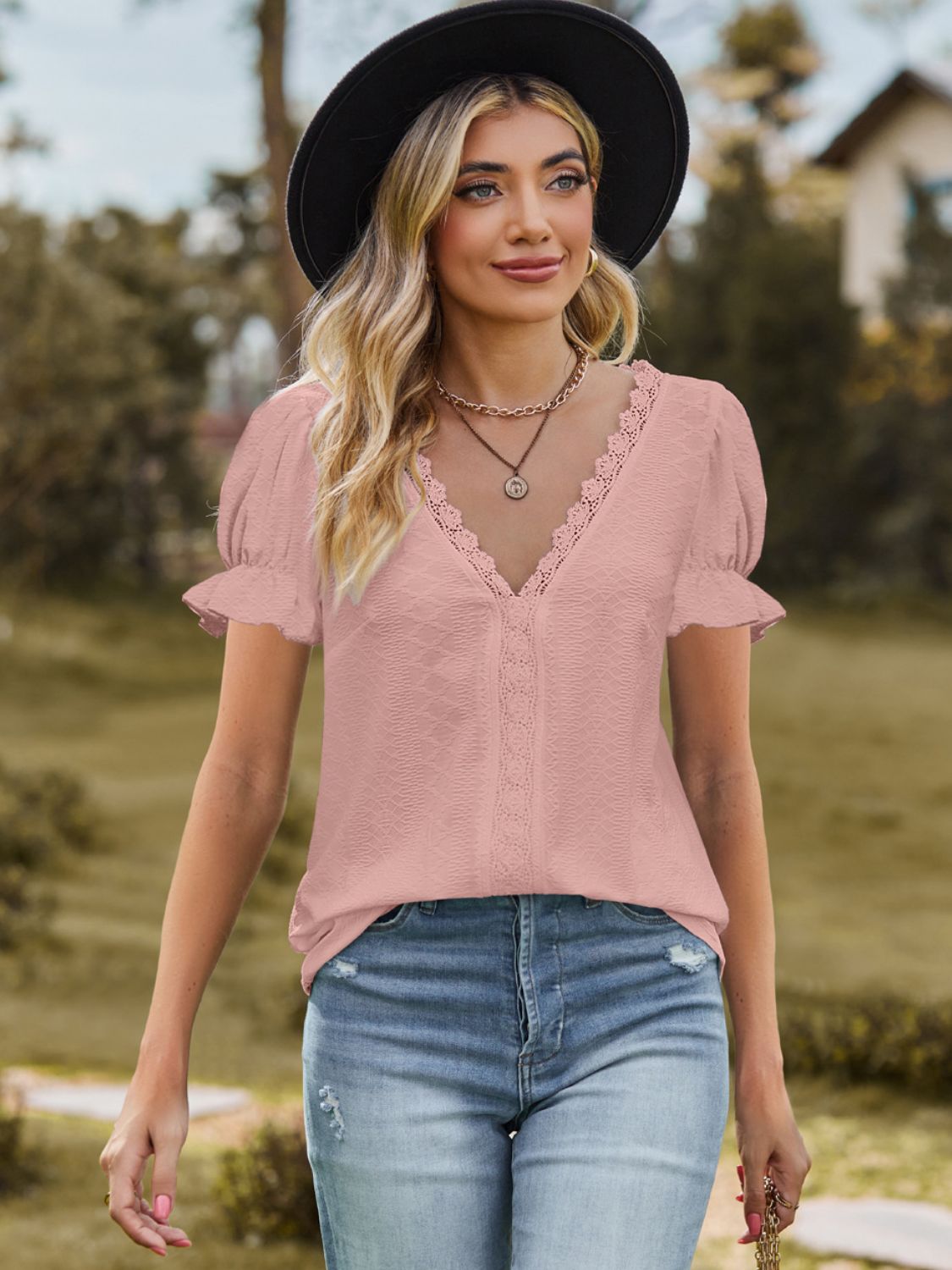 Blush Pink Women's Lace Detail Top with Slight Stretch Apparel & Accessories > Clothing > Tops Blouse Detail Detail V Flounce Flounce Sleeve Flounce Sleeve Blouse K.C Lace Lace Detail Neck Neck Flounce Neck Flounce Sleeve Ship From Overseas Sleeve Sleeve Blouse sync-pinterest T V