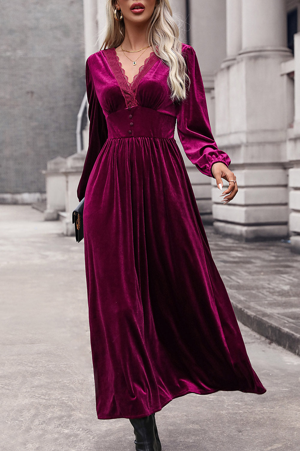 V-Neck Balloon Sleeve Midi Dress