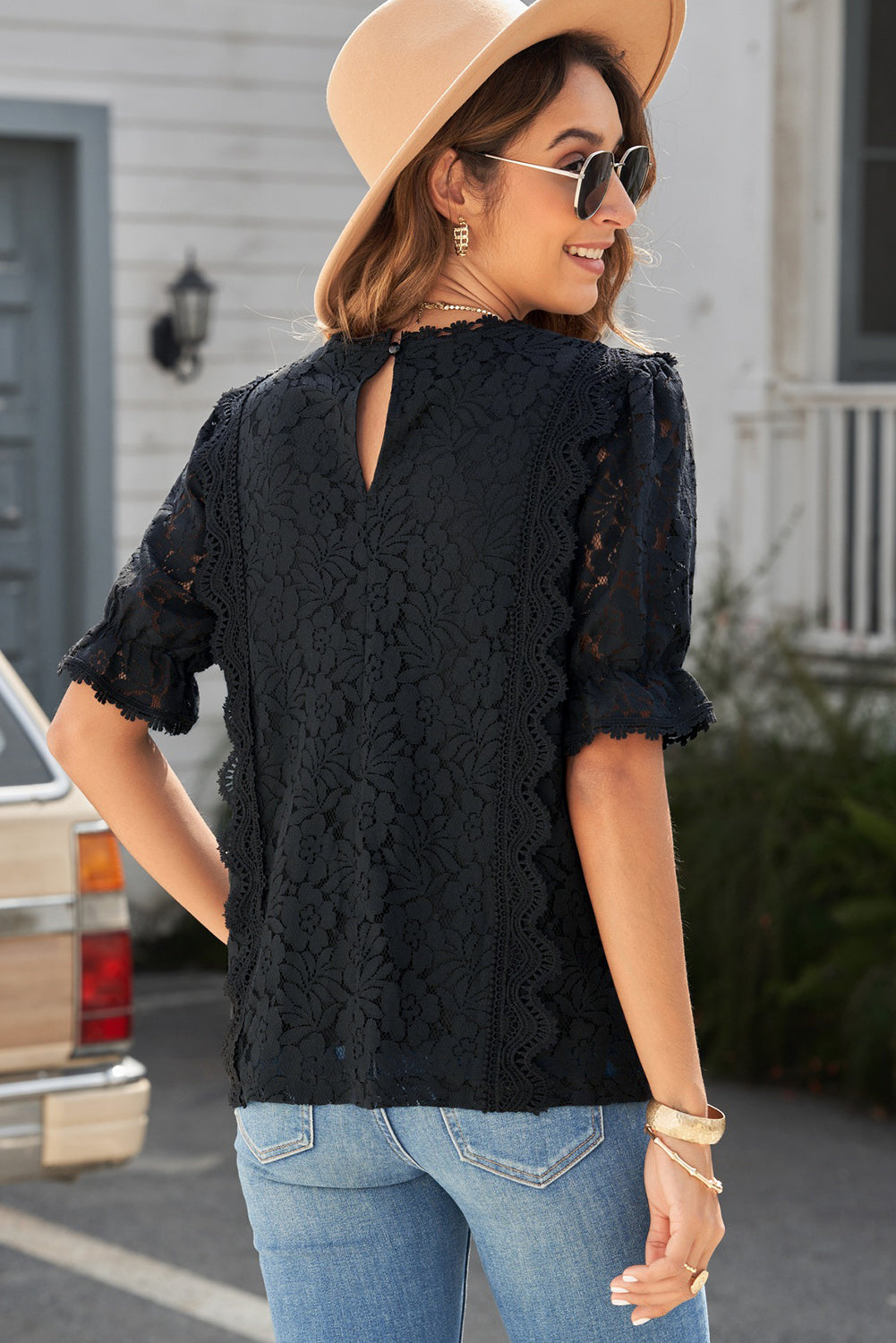 Chic Solid Lace V-Neck Top with Flounce Short Sleeves Apparel & Accessories > Clothing > Tops Ship From Overseas sync-pinterest SYNZ