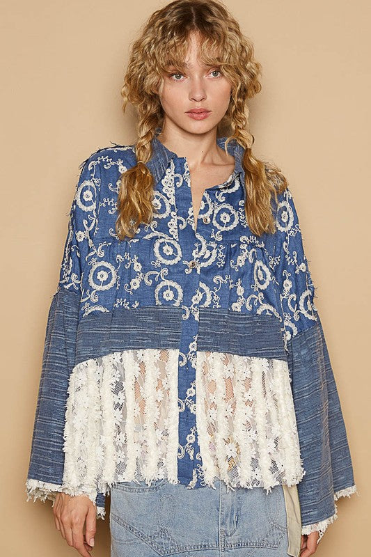 Peacock Blue Embroidered Tiered Shirt - Lace Hem - Long Sleeves - Semi-Sheer Apparel & Accessories > Clothing > Tops autopostr_pinterest_71901 autopostr_pinterest_72819 Only Available for U.S. Residents POL Ship from USA sync-pinterest