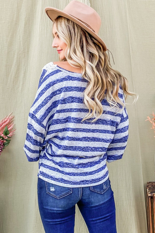 BLUE Lace Detail Top - V Neck - Striped Clothing & Accessories > Clothing > Tops autopostr_pinterest_71118 autopostr_pinterest_71178 autopostr_pinterest_71277 detail lace neck striped top