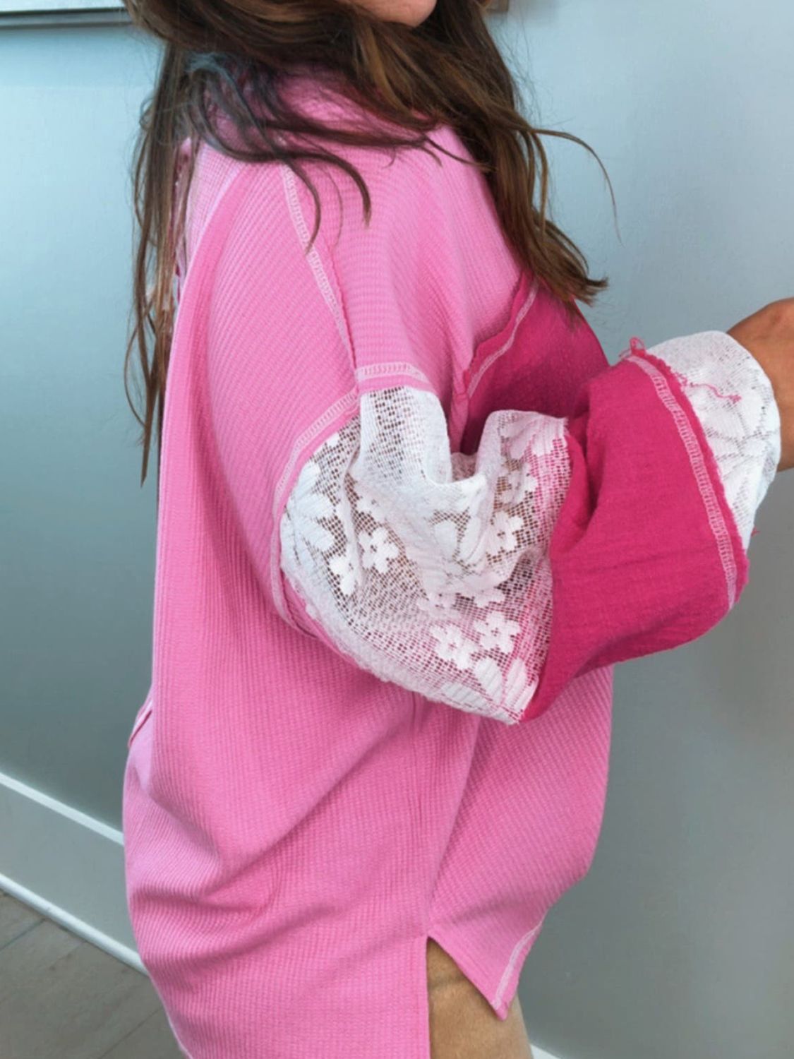 Semi-Sheer Lace Detail Top with Slight Stretch Apparel & Accessories > Clothing > Tops Lace Lace Patchwork Neck Neck Top Patch Patchwork Ship From Overseas Sleeve sync-pinterest SYNZ Top V V Neck