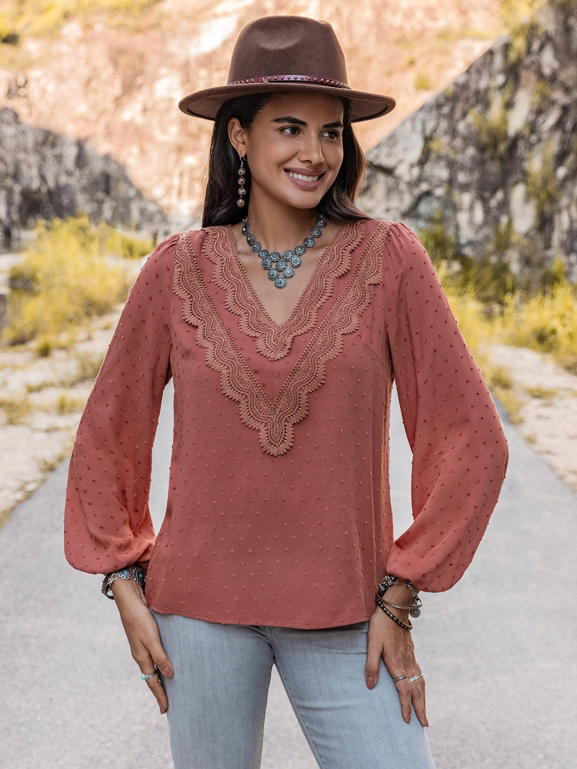 Women's Lace Detail Swiss Dot Blouse 100% Viscose Apparel & Accessories > Clothing > Tops > Blouses Blouse Dot H.R.Z Neck Neck Blouse Ship From Overseas Swiss Swiss Dot sync-pinterest V