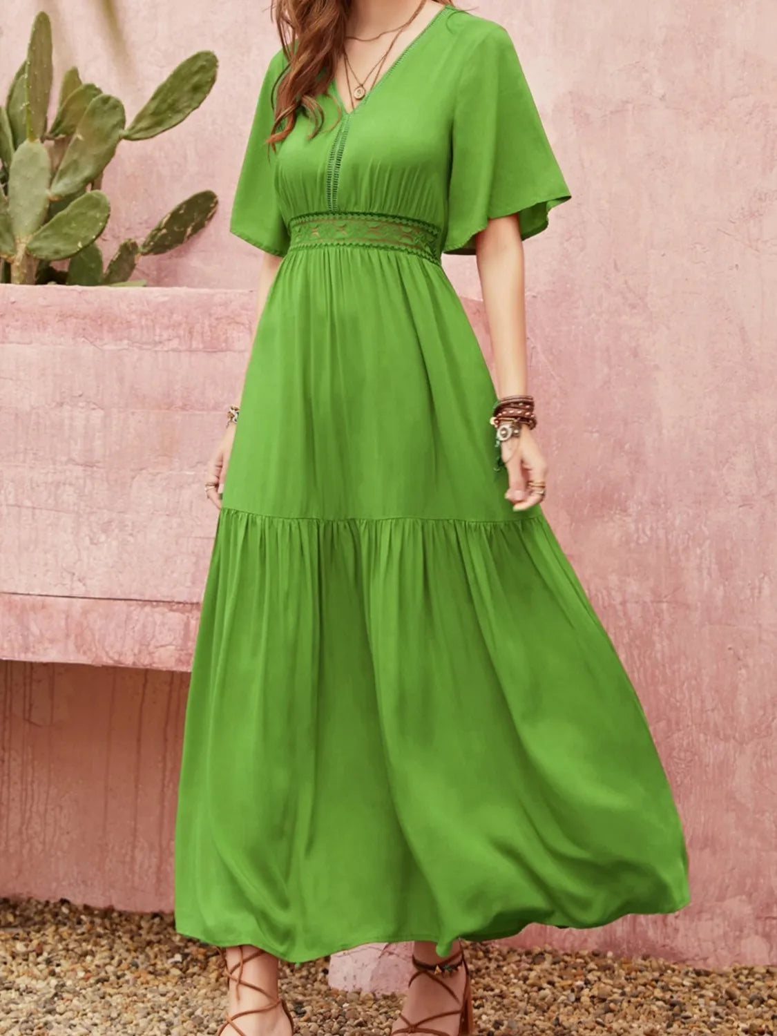 Lace Detail V-Neck Short Sleeve Dress 4-23-overseas Rusttydustty Ship From Overseas