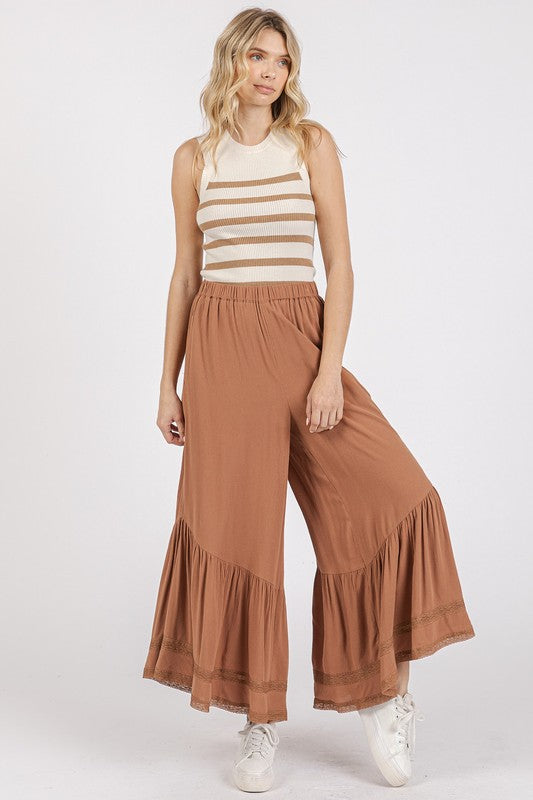 Caramel Lace Ruffle Wide Leg Pants- Asymmetric Hem- Stylish Design Mittoshop Only Available for U.S. Residents Ship from USA