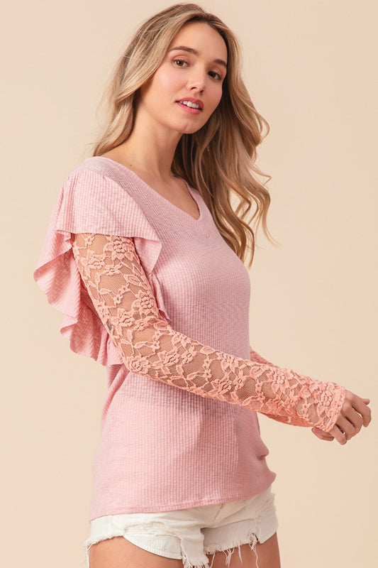 Blush Pink Lace Top - Rib Knit - Long Sleeve - Ruffled Clothing & Accessories > Clothing > Tops autopostr_pinterest_71118 autopostr_pinterest_71178 autopostr_pinterest_71277 knit lace rib ruffled sleeve top