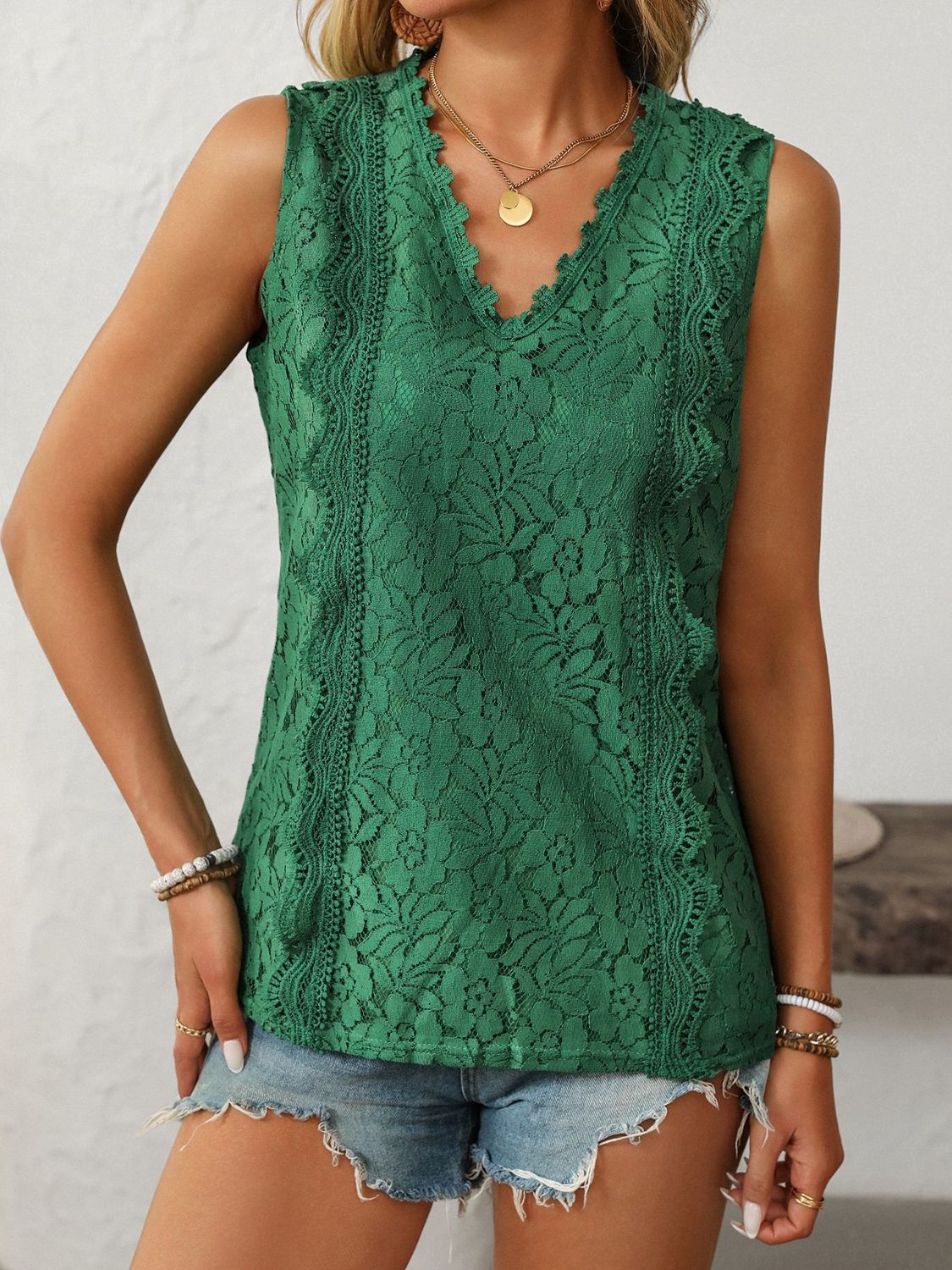 Dark Green Lace Buttoned Stretch Polyester Top - Various Sizes Available Apparel & Accessories > Clothing > Tops And Lace Mandy Neck Neck Tank Ship From Overseas sync-pinterest Tank V