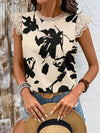 Tan Black 1 Lace Detail Printed Cap Sleeve Blouse 4-23-overseas Lotus Couture Ship From Overseas