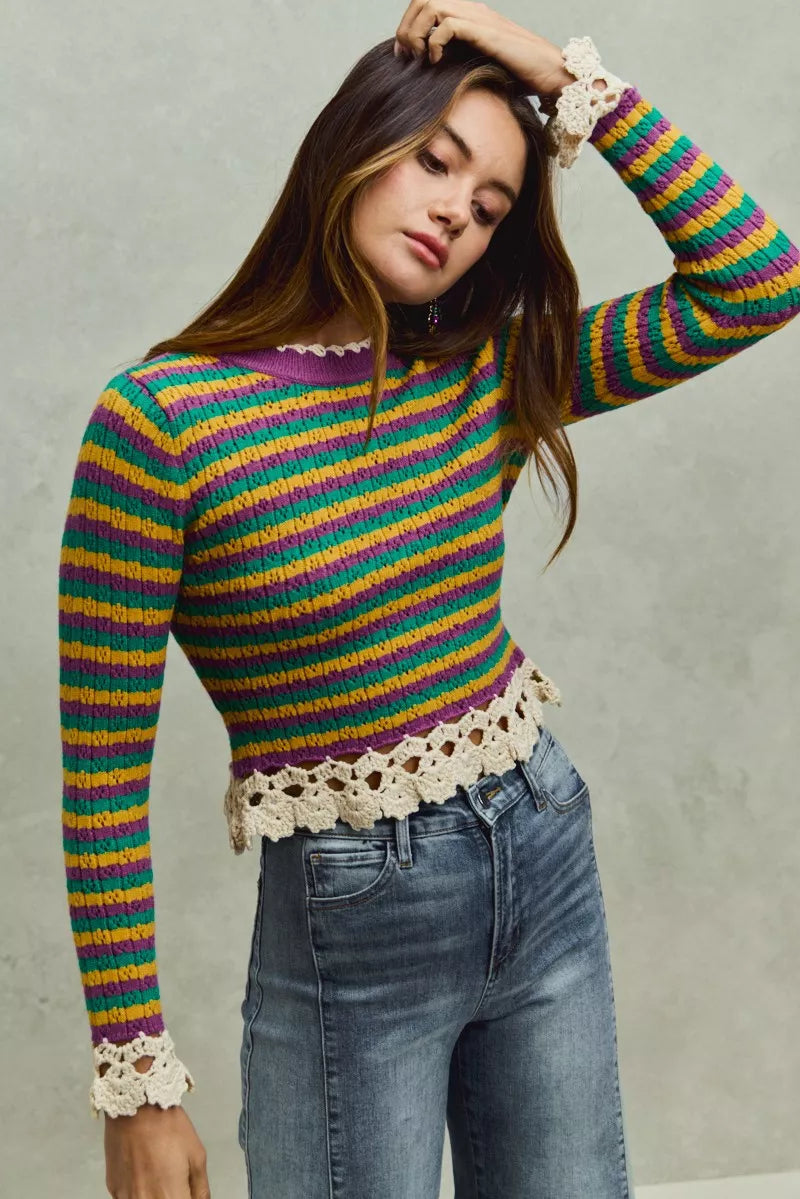 Knitted Striped Crop Top with Crochet Edge 11/29 Ship from USA SO ME