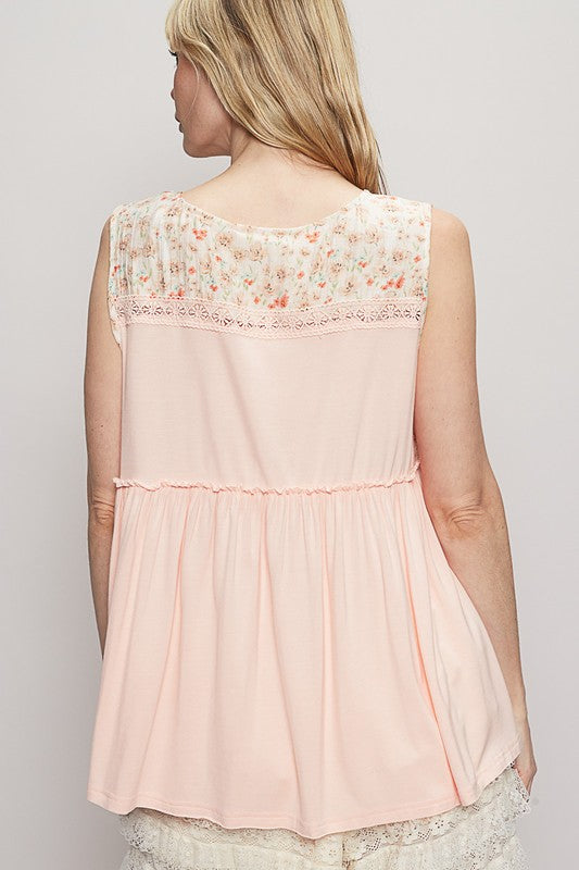 Lace Detail Sleeveless Top - Frilly - Floral - V Neck POL Ship from USA