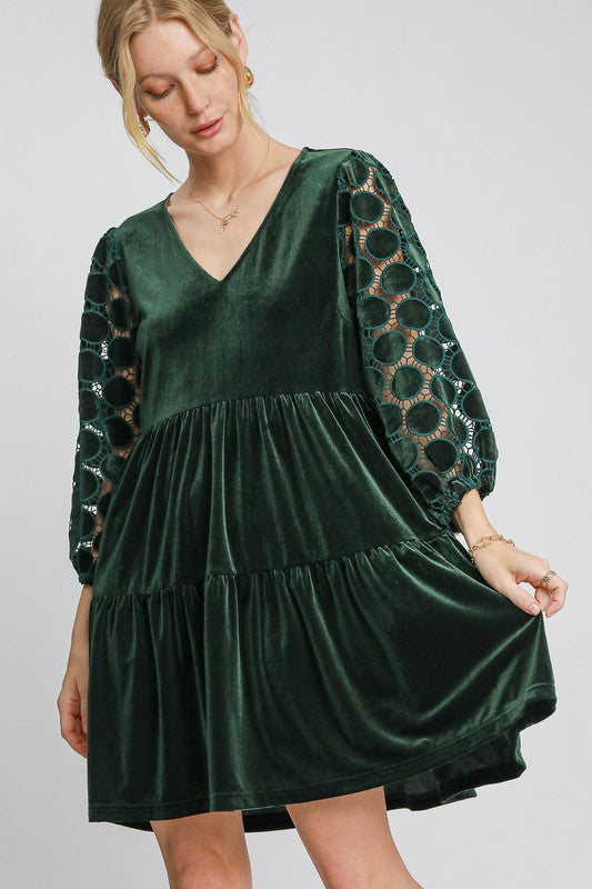 L Dark Green Velvet Dress - tiered - Lace Sleeve new Ship from USA Umgee USA