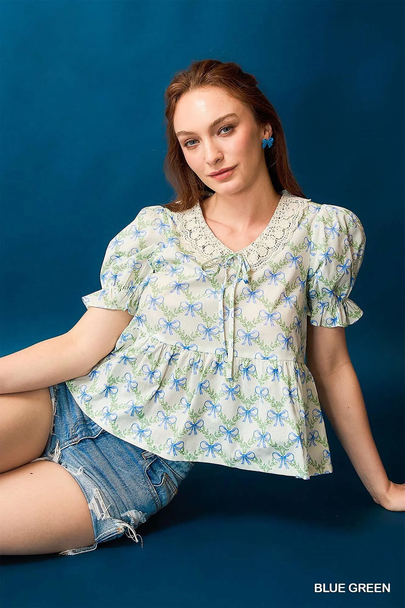 BLUE GREEN Cotton Puff Sleeve Blouse - Chic Flounce Bow 7-11 Ship from USA Umgee USA
