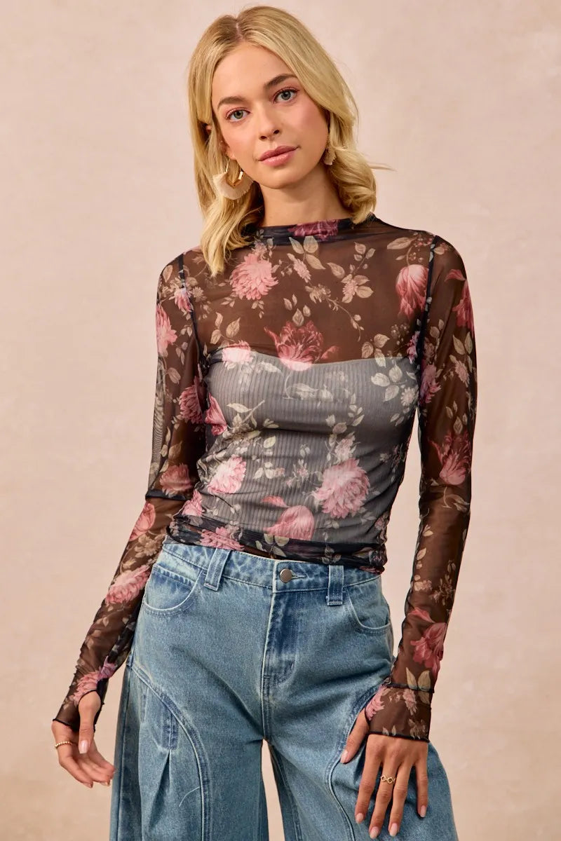 Floral Mesh Sheer Blouse with Ruched Sleeves BiBi Ship from USA