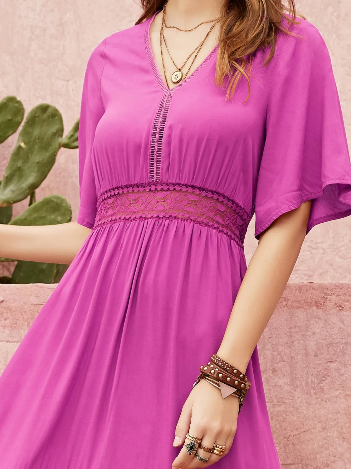 Lace Detail V-Neck Short Sleeve Midi Dress 4-23-overseas Rusttydustty Ship From Overseas
