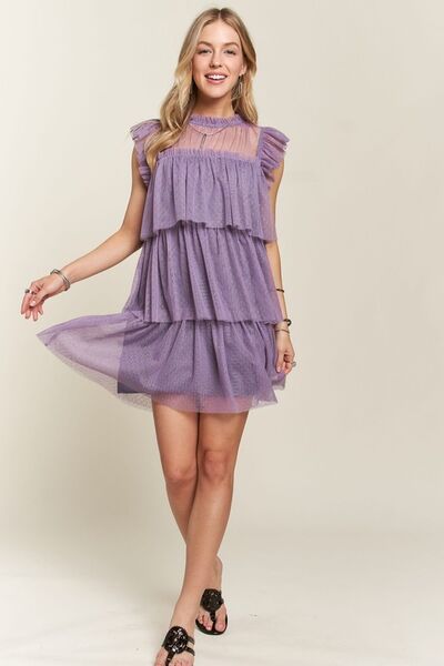 Layered Ruffled Cap Sleeve Mesh Dress ADORA dress new Ship from USA