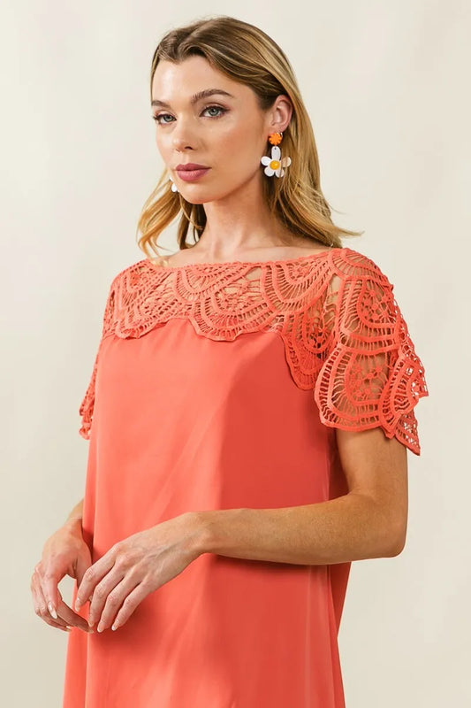 Dress - Wrinkled - Crochet Lace Yoke - Boho - Lightweight - Casual 5-2-usa BiBi Ship from USA