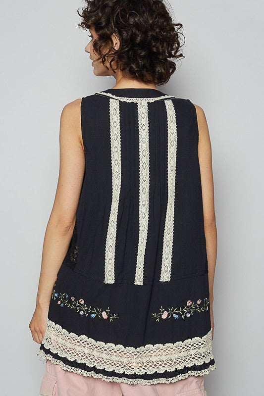 Embroidered Lace Detail Top - V-Neck - Sleeveless POL Ship from USA