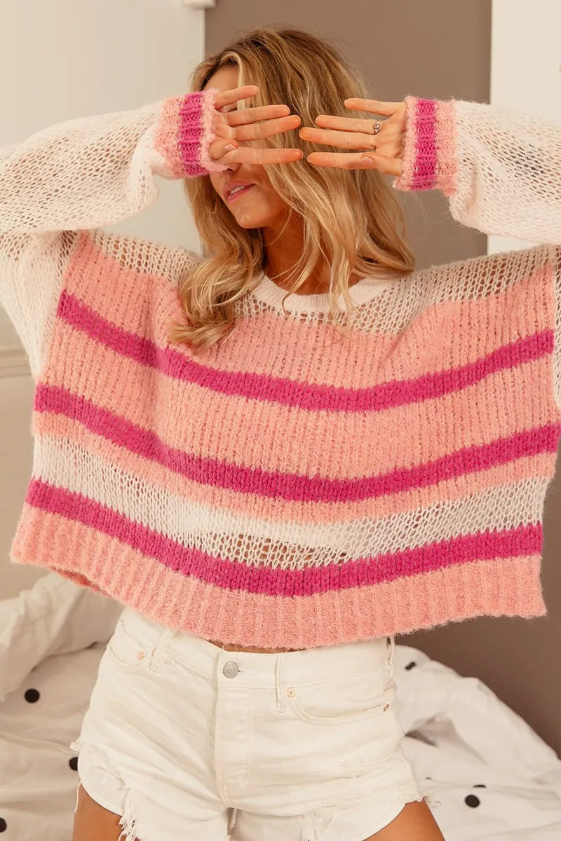 Pink Striped Mesh Knit Pullover - Oversized Comfort 7-11 BiBi Ship from USA