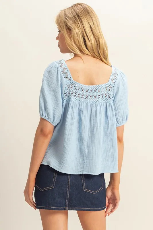 Peasant Top - Cotton Crochet Puff Sleeve - Bohemian Romantic Style 4-23-usa HYFVE Ship from USA