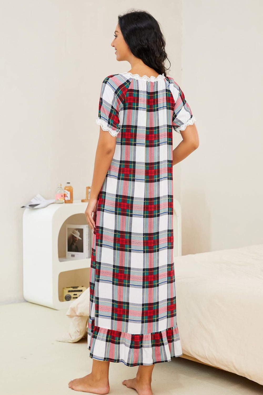 Plaid Short Sleeve Lace Tie Dress with Round Neck in 100% Rayon Apparel & Accessories > Clothing > Dresses H2J Ship From Overseas sync-pinterest